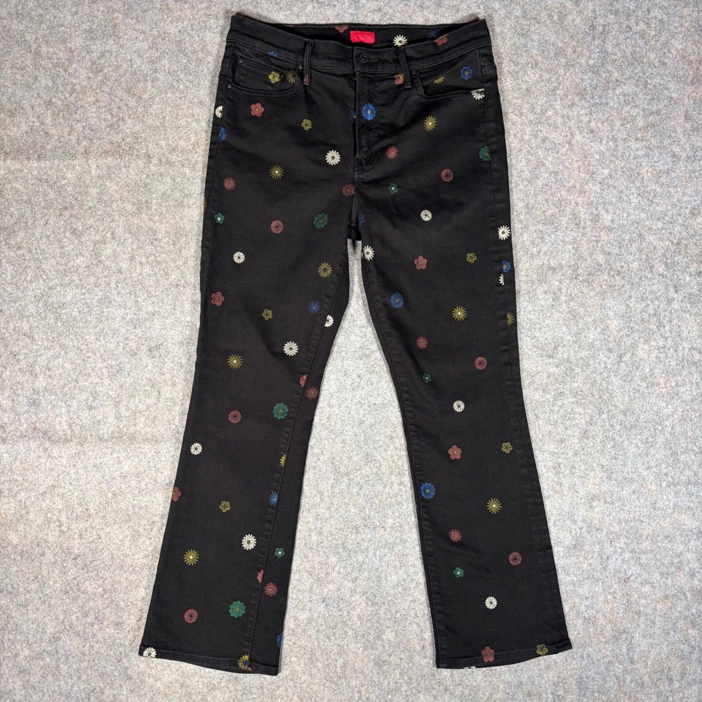MOTHER The Insider Flood Black Fresh as a Daisy Kick Flare Cropped Jeans Size 32